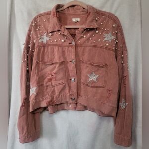 POL Muted Red Distressed Cropped Oversized Jacket with Stars Pearls Size Large